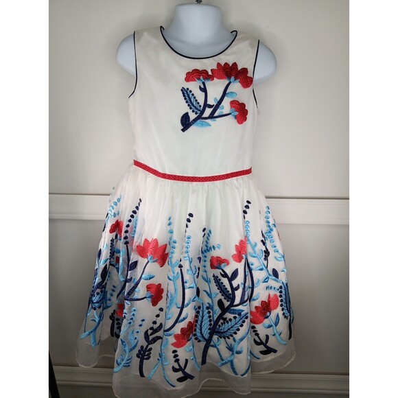 Pippa And Julie Floral Embroidered Dress Size 6 White Blue Red Crinolin EUC - Picture 1 of 6